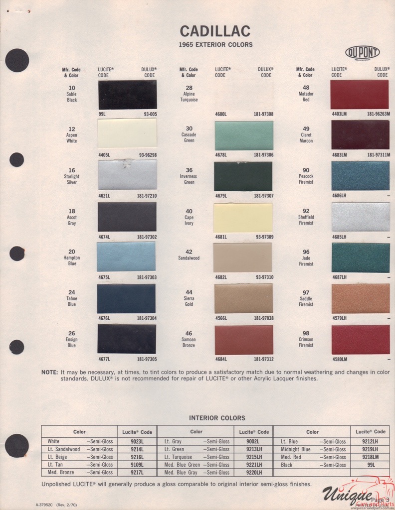 1965 Cadillac Paint Charts DuPont 1